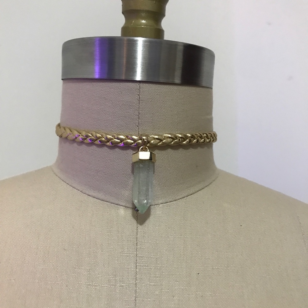 Gold braided choker with crystal pendant